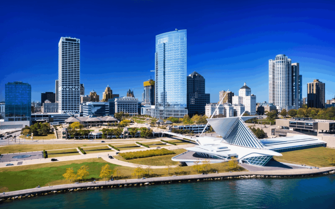 Aerial view of Milwaukee's skyline, highlighting architectural beauty and the potential for personal refinement through cosmetic enhancement at Illume.