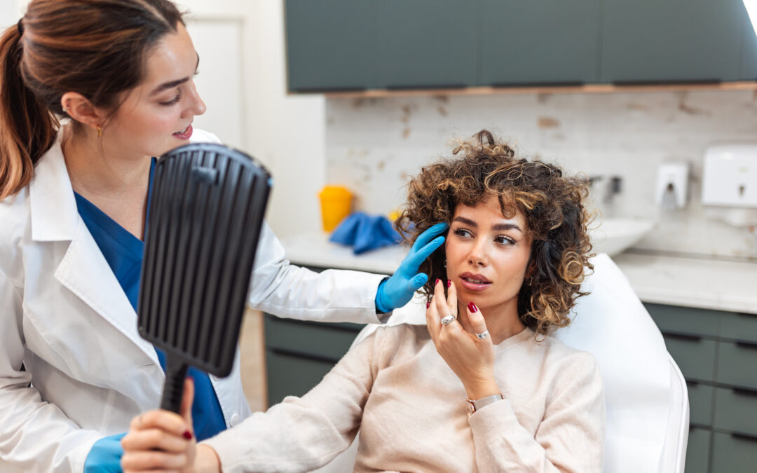 Smiling female patient looking into mirror after plastic surgery treatment